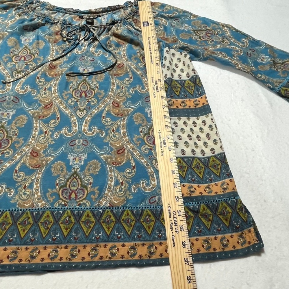 Lucky Brand Blue Paisley Patchwork 100% Cotton Peasant Blouse Top Sz L Boho - Picture 3 of 7